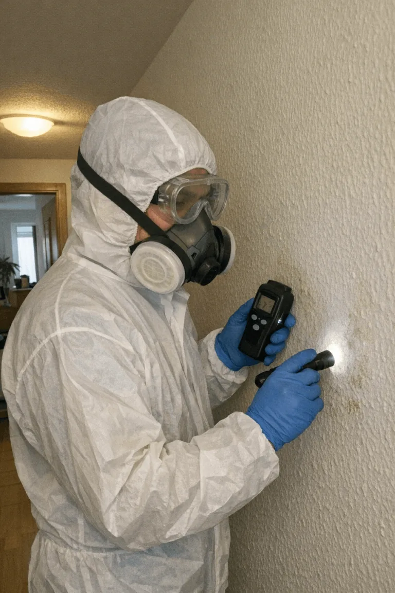 Fachmann von Schimmelfrei Huber in Schutzausrüstung inspiziert eine feuchte Wand im Keller